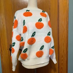 Chunky Knit Eclectic Quirky Orange Fruit Whimsical Print Knit Sweater Medium